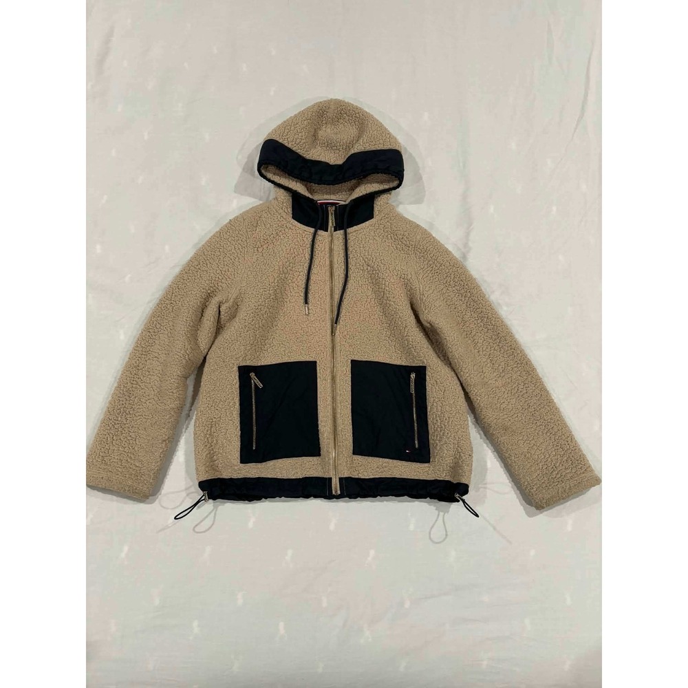 Tommy‎ Hilfiger Sherpa Fleece Hooded Jacket Beige Navy Pockets Drawstring Women
